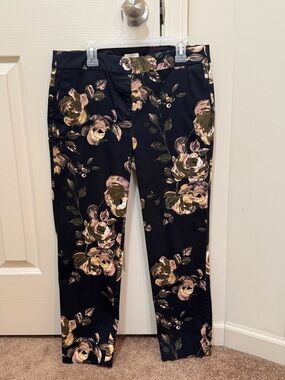 J. Crew Black Cropped Pants with Tan & Olive Floral Print, Size 4